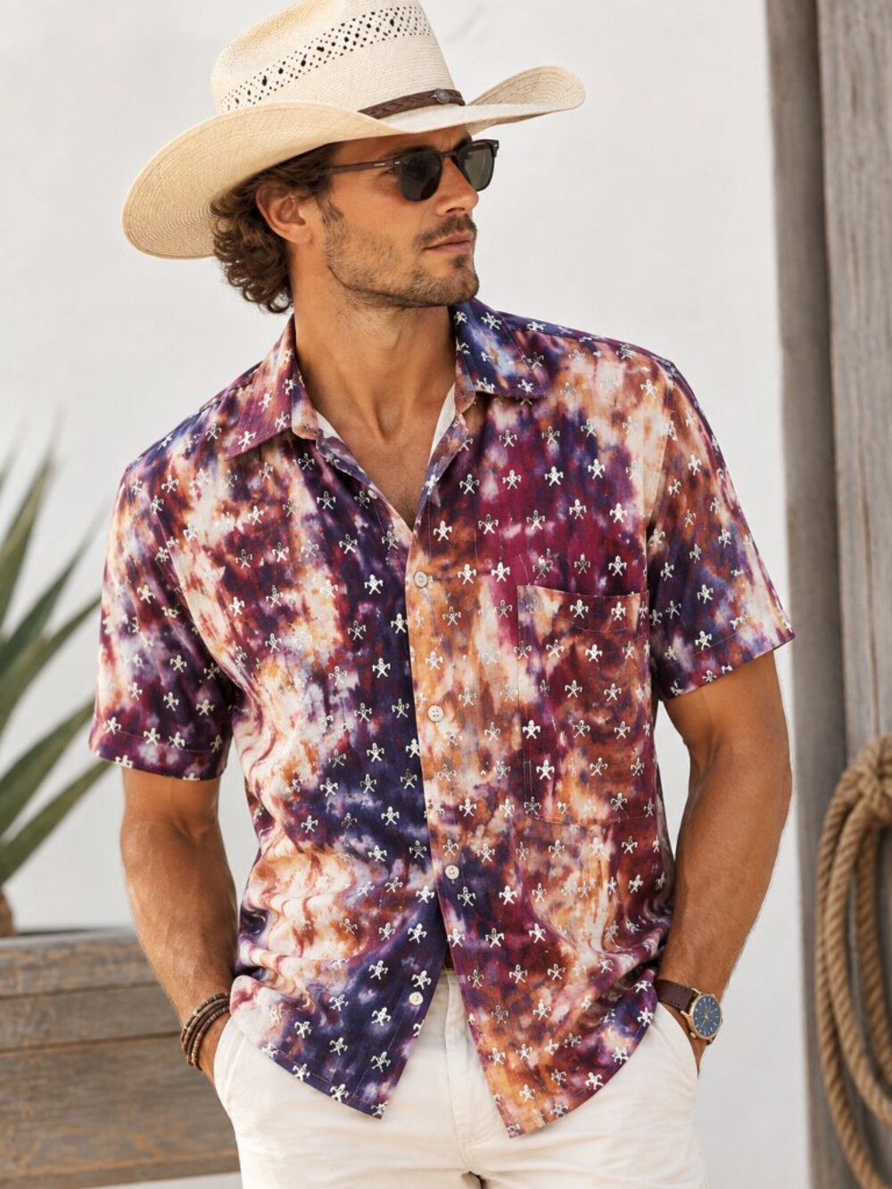 KENAR Western Purple & Red Ombre Star Short Sleeve Shirt Medium M Coastal Chic